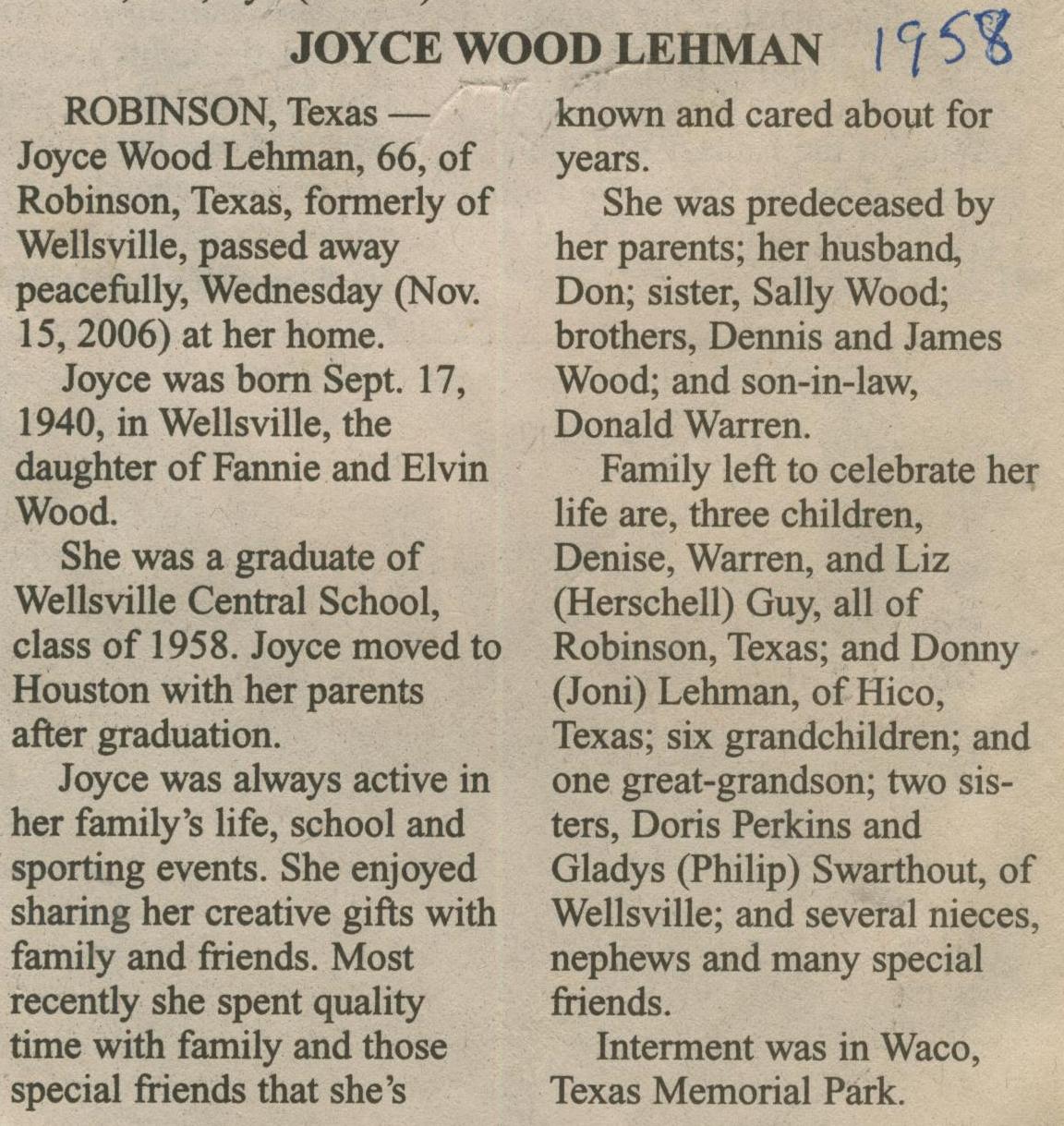 obit Joyce Wood Lehman