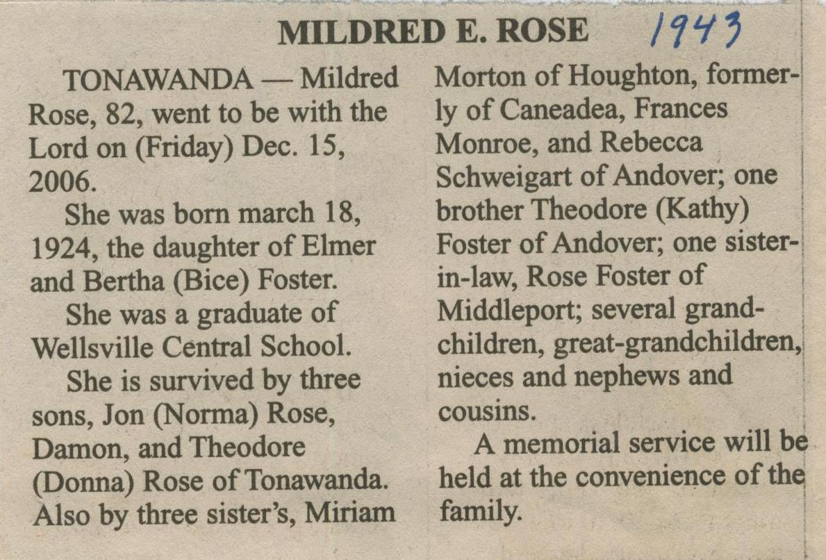 obit Mildred Foster Rose